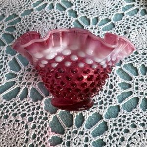 VTG CRANBERRY FENTON HOBNAIL GLASS OPEN RUFFLE PINK VASE BOWL Rare!!!